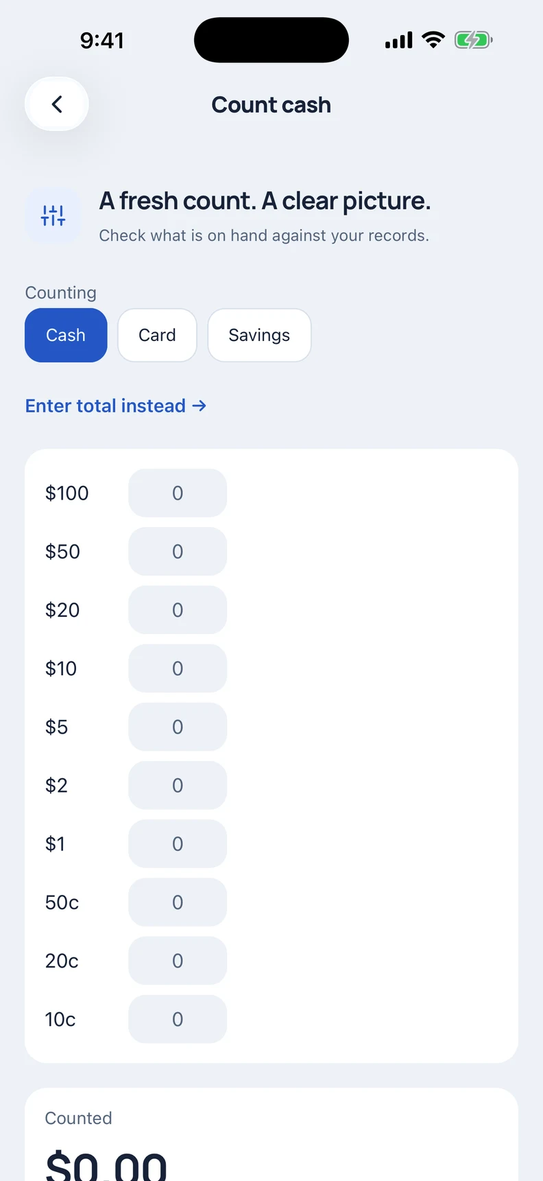 Count cash screen with fields for notes and coins.