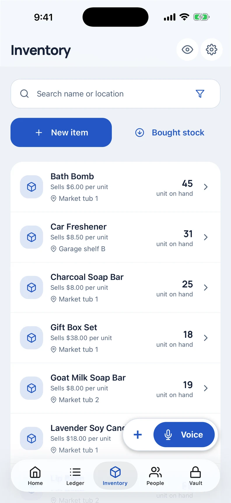 Redesigned Inventory with item quantities, sell prices and locations. Demo data.