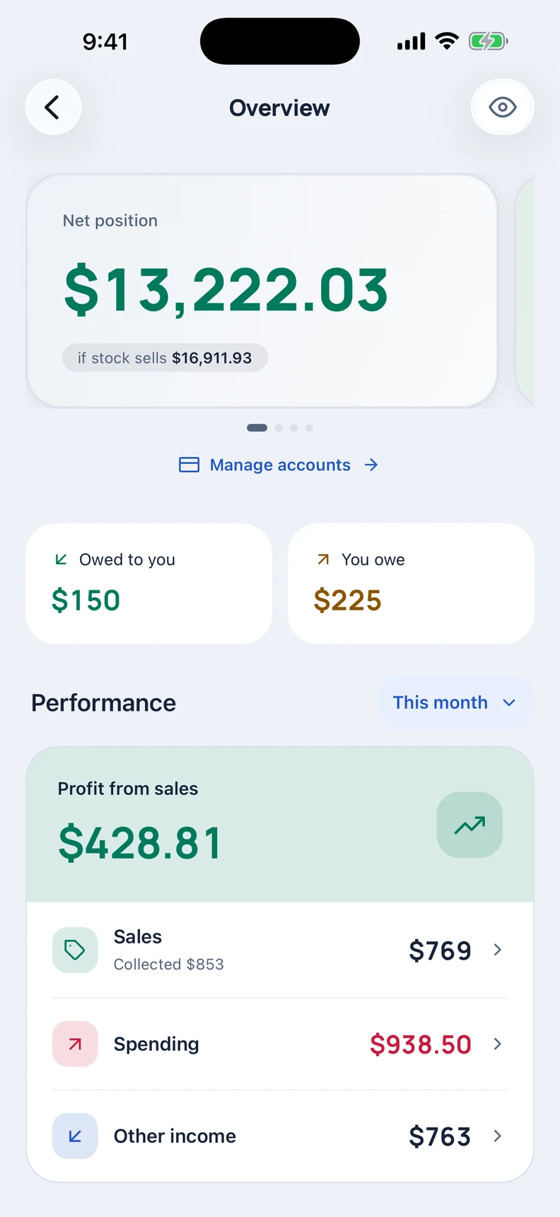 New Overview with net position, amounts owed and grouped performance metrics. Demo data.