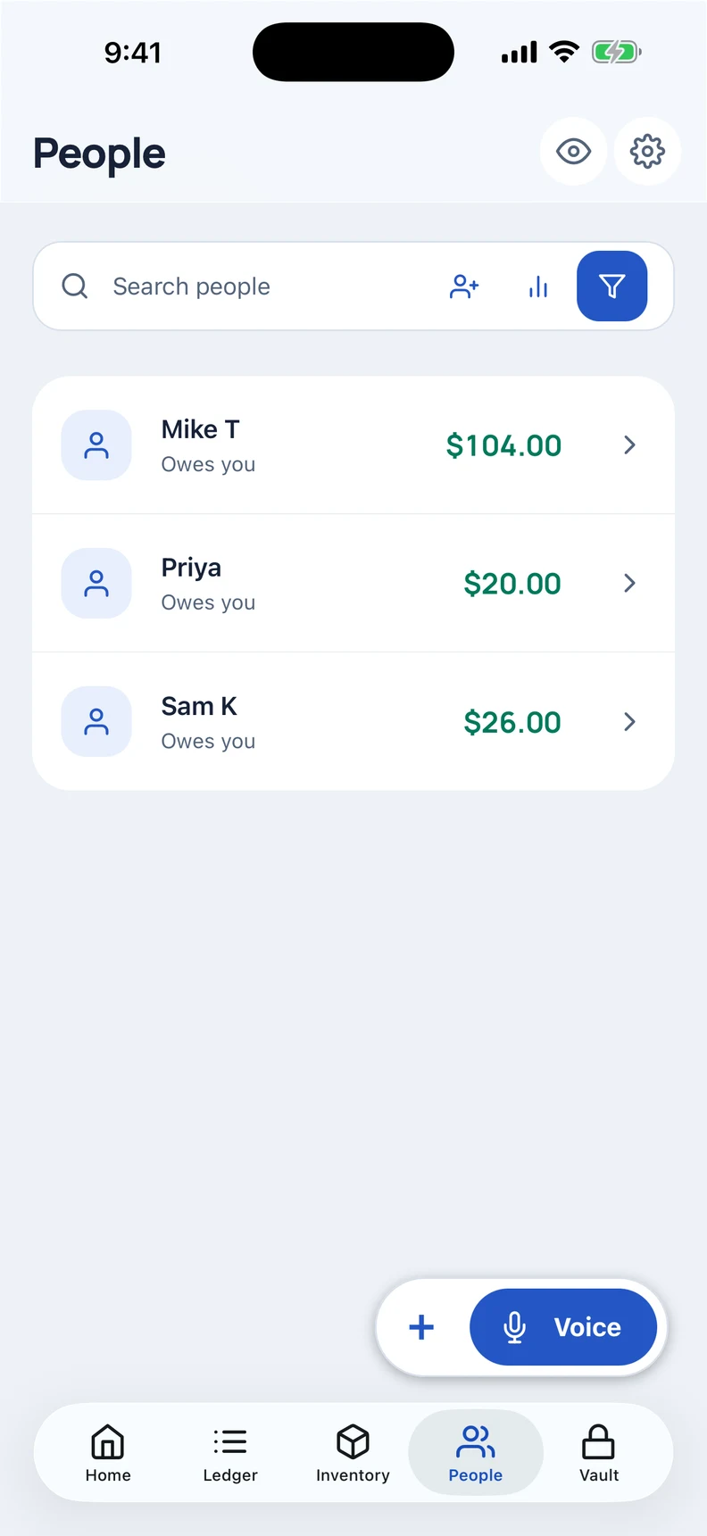 People who owe money in the demo book: Mike T, Priya and Sam K.